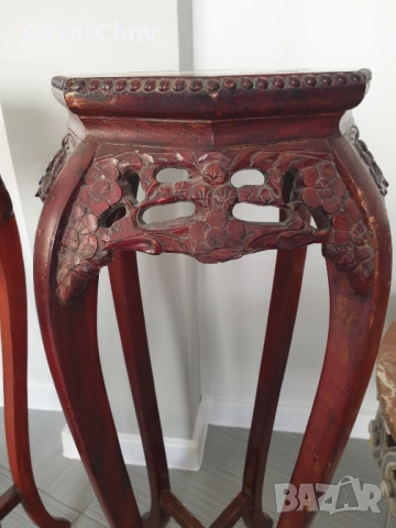 2бр/чифт/92-93см конзолна маса дърворезба-мрамор/дървена масичка-пиедестал-поставка за саксия, снимка 4 - Антикварни и старинни предмети - 52956454