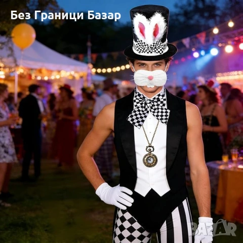 Нови 8 части заешки костюм сет – цилиндър с уши, папийонка, часовник, снимка 3 - Други - 53680586