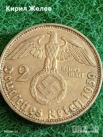 Сребърна монета 2 райхсмарки 1939г. Германия Трети Райх с Свастика за КОЛЕКЦИЯ 52615, снимка 4 - Нумизматика и бонистика - 53615031