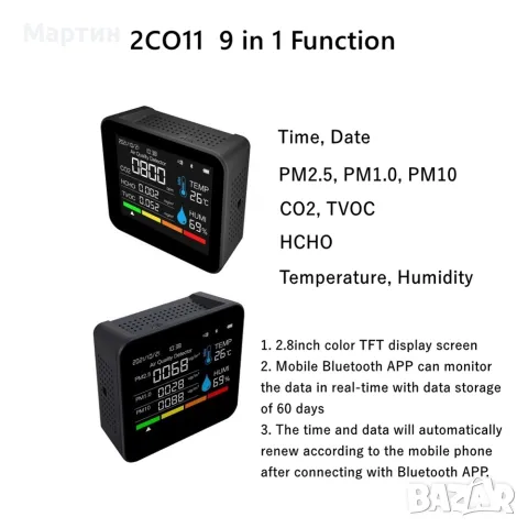 Детектор за измерване качеството на въздуха 9-в-1 Bluetooth CO2, PM1.0, PM2.5, PM10, HCHO, TVOC , снимка 4 - Други - 48832706