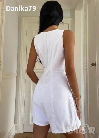 Дамски бял дънков летен гащеризон, снимка 2 - Гащеризони - 53485416