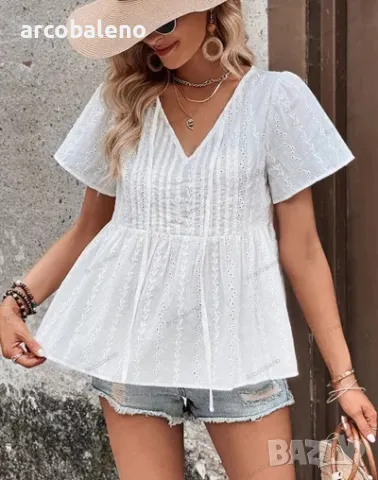 Нова модна дамска ежедневна бяла блуза с v-образно деколте, снимка 5 - Ризи - 49667470