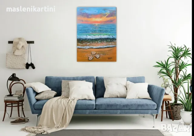 Морски пейзаж с вълни и мидички маслена картина , снимка 3 - Картини - 47314302