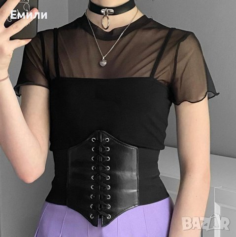 Широк колан-корсет за талия от еко кожа в черен цвят