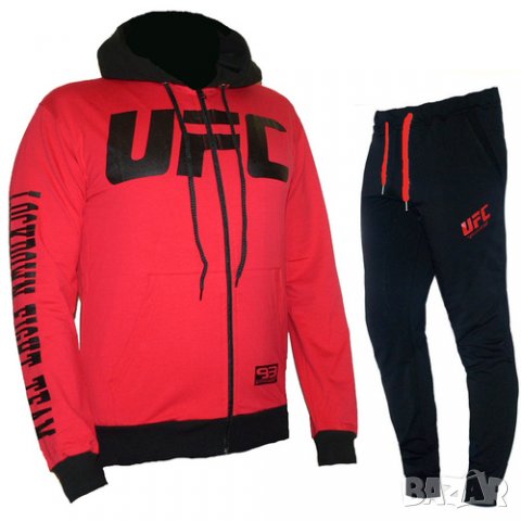 Спортен екип UFC, червено и черно, памук и ликра, с качулка.