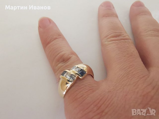Златен пръстен с циркони и аквамарин , снимка 9 - Пръстени - 39662688