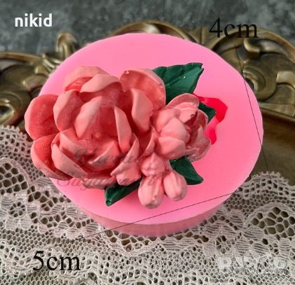 Божур с пъпка и листа цвете силиконов молд форма фондан гипс свещ декор