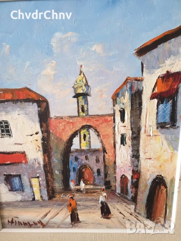 65х57см/стара картина масло върху платно/градски пейзаж-джамия/Мароко-Африка/дървена рамка, снимка 2 - Картини - 51454372