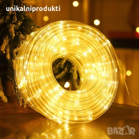 20м коледен ЛЕД маркуч топла светлина+захранване с 8 шоу програми 