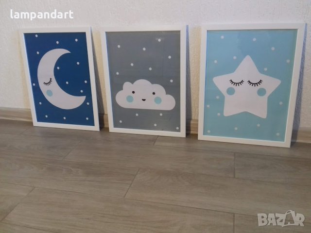 3 броя картини за детска стая в сиво и синьо, снимка 2 - Други - 41660361