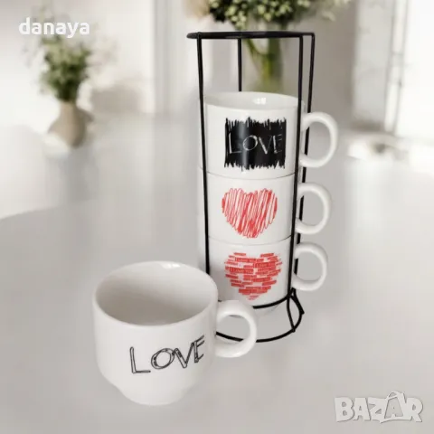 5622 Комплект керамични чаши на метална стойка Love, снимка 2 - Чаши - 48648737