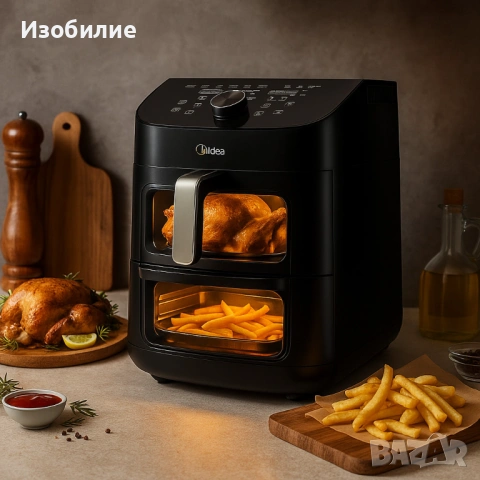Еър Фрайър 2 в 1 - 11L - Midea MAD1100DADK - С две зони за готвене, 10 програми и 360° циркулация на, снимка 2 - Фритюрници - 53040713
