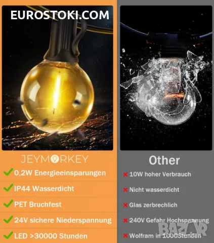 LED външен гирлянд JEYMORKEY, 30 метра, външни градински светлини, 40+2 LED крушки, IP44 , снимка 3 - Външни лампи - 56108305