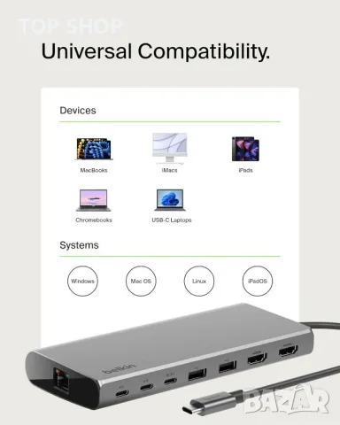 Belkin USB-C 8 в 1 хъб,2 USB-C, 2 USB-A, 2 HDMI, Ethernet и 100 W порт, снимка 6 - Кабели и адаптери - 49451998