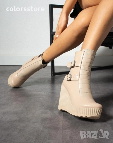 Боти на платформа - бежова кожа с бежово ходило - B2001 