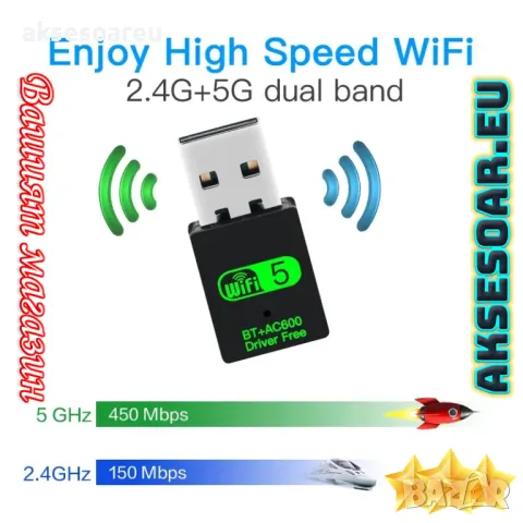 2 в 1 USB WiFi Bluetooth 5.0 адаптер 600 Mbps Dual Band 2.4/5Ghz Безжичен мрежов приемник Wi-Fi , снимка 13 - Кабели и адаптери - 48115806