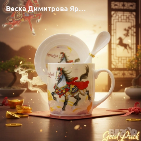 Подаръчен късметлийски порцеланов комплект – чаша, чинийка и лъжичка с празничен дизайн на коне