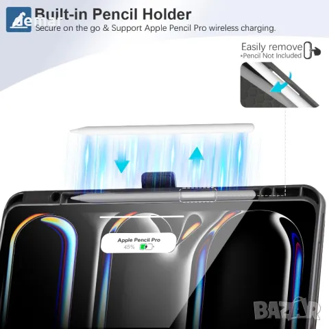 Калъф Zinibri за iPad Pro 13 инча 2024 M4 A2925 A2926 с държач за молив, джоб и каишка за ръка,черен, снимка 5 - Таблети - 47437300