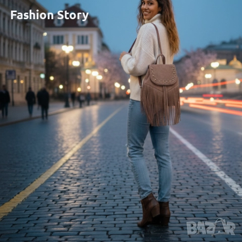 Велурена дамска раница с ресни и метални нитове – бохо стил и практичност, снимка 8 - Чанти - 52459114