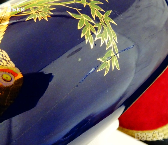 Японска порцеланова ваза,злато,фазани,кобалт. , снимка 4 - Вази - 52324979
