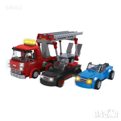 Комплект пластмасови части Конструктор Kамион с превозни средства и 2 фигурки (453 части) S_1242358, снимка 3 - Конструктори - 49266831