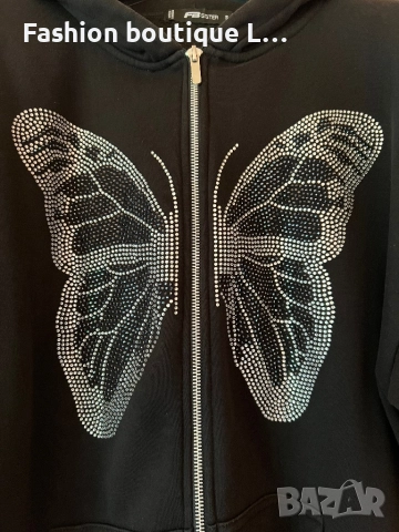Черен анурак с пеперуда от сребърни камъчета и качулка С размер 100% памук 🖤, снимка 2 - Суичъри - 51463484