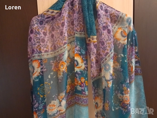 Шал с тюркоазени цветове с цветя, снимка 6 - Шалове - 48651284