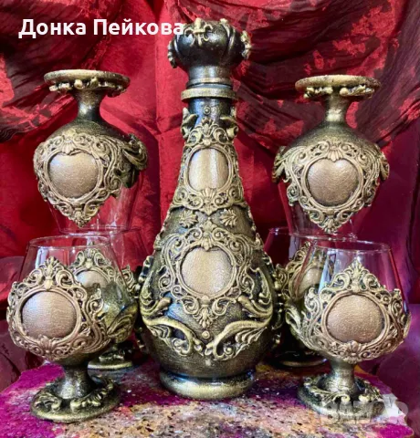 Ръчно изработен сервиз за коняк в старинно злато от 7 части, снимка 4 - Чаши - 48657359