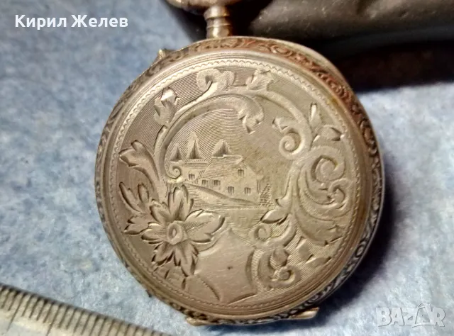 Стар СРЕБЪРЕН ДЖОБЕН ЧАСОВНИК СРЕБРО 800 с КРАСИВО РЪЧНО ГРАВИРАН КОРПУС и КАПАК 48862, снимка 6 - Джобни - 48034771