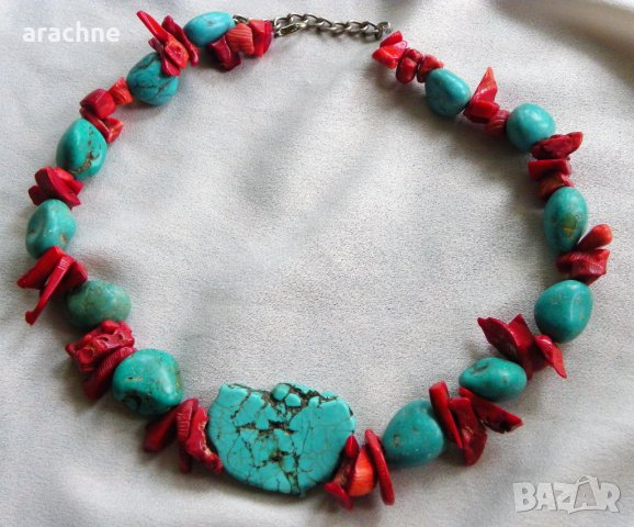 Индиански гердан "навахо" с големи късове тюркоаз и корали