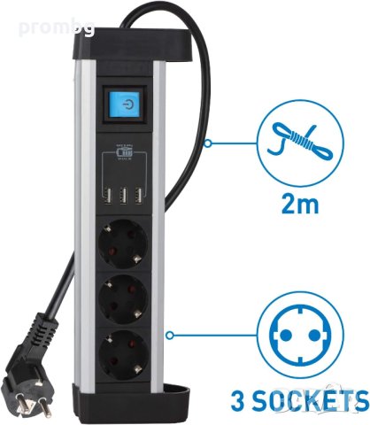разклонител за бюро с 3 гнезда шуко, 3 USB порта 3.4 A , 2 метра кабел, снимка 5 - Мрежови адаптери - 34778980
