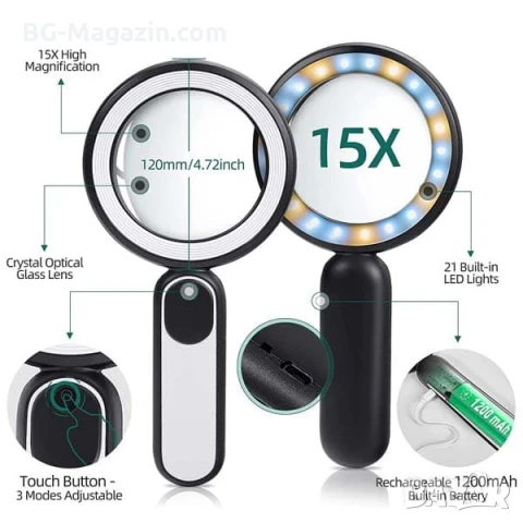 Мощна голяма увеличителна лупа 15X LED осветление стъклена за четене на книга вестник с дръжка лед, снимка 3 - Други инструменти - 50919742