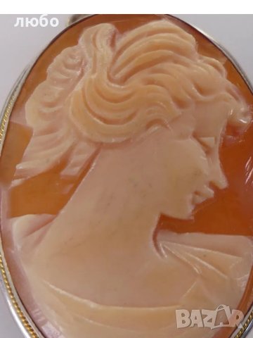 Сребърна Брошка Камея 0,800 Сребро Със Златен Обков 18 к, снимка 3 - Колиета, медальони, синджири - 42252155