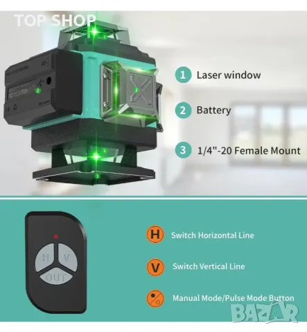 4x360° 4D зелен лазерен нивелир с кръстосана линия с 2 акумулаторни батерии, снимка 5 - Гедорета - 48934547