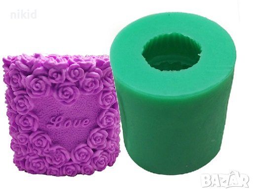 Цилиндър от рози розички LOVE силиконов молд форма свещ декор гипс сапун шоколад, снимка 4 - Форми - 40352497