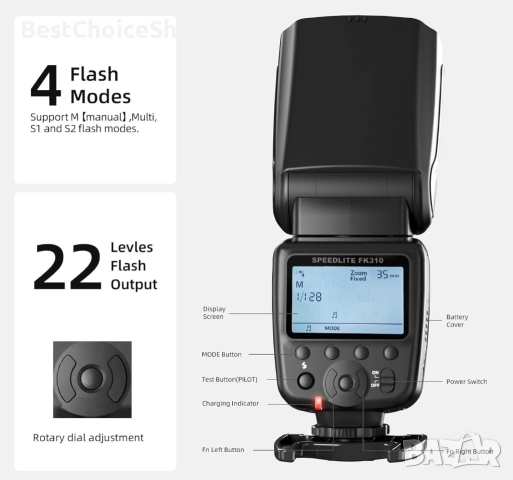 Светкавица PHOTOOLEX Speedlite FK310 за Canon, Nikon, Sony, Panasonic, Olympus, Pentax, Fujifilm , снимка 12 - Светкавици, студийно осветление - 53656818