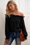Дамска блуза в черно с деколте с къдрички, снимка 1 - Блузи с дълъг ръкав и пуловери - 39705825