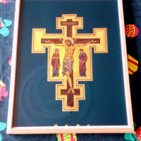 Икона Разпятие Христово - Цар на славата, репродукция с рамка и стъкло, снимка 7 - Икони - 36313833