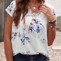 Дамска блуза в бяло с къс ръкав, дантела и флорален принт, снимка 15 - Тениски - 44304065