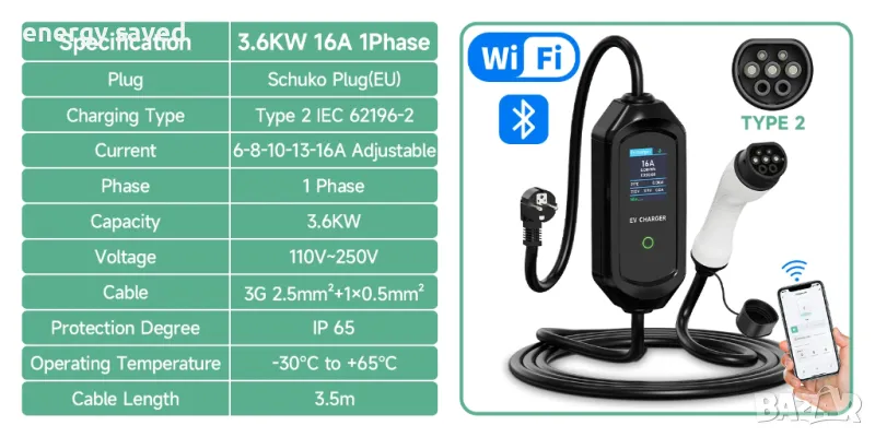 Зарядно за Електромобил Тип 2 Wi-Fi Smart 3,5M Кабел , снимка 1