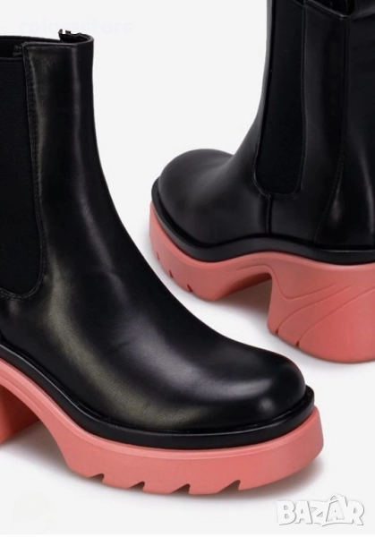 Боти на ток - черна кожа с ходило в коралов цвят - BB1 , снимка 1