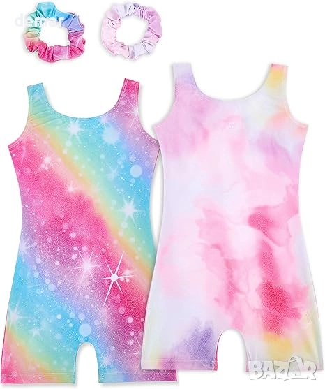 Гимнастически трика Tstiti за момичета, комплект от 2, блестящи детски трика за танци, 7-8 години, снимка 1