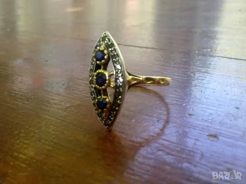 стар златен 18к. пръстен с диаманти и сапфири, снимка 1