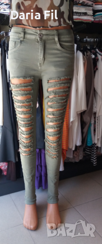 Супереластични нарязани дънки с висока талия в милитъри зелен цвят