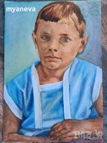 Стара картина , портрет на момче с акварелни бои върху картон в рамка. , снимка 6 - Картини - 50526620