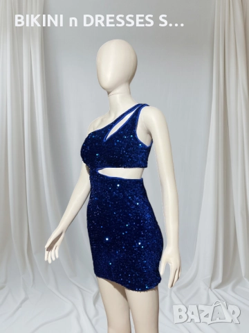 Уникална синя рокля с пайети едно рамо, снимка 2 - Рокли - 48318309
