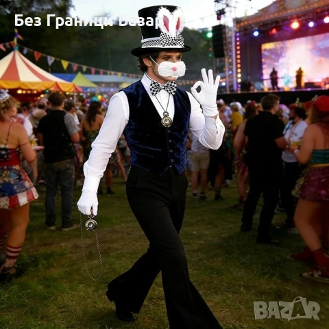 Нови 8 части заешки костюм сет – цилиндър с уши, папийонка, часовник, снимка 6 - Други - 53680586