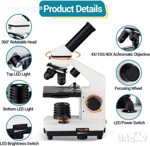 Биологичен микроскоп 250X-2000X Levcorzi, снимка 4 - Образователни игри - 48636595