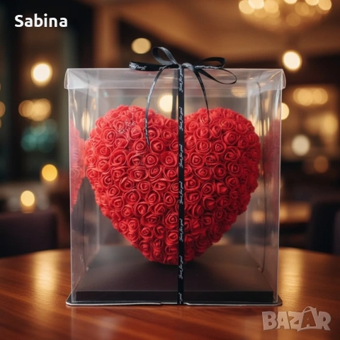 Декоративно сърце от изкуствени рози в подаръчна кутия, снимка 2 - Декорация за дома - 53049229