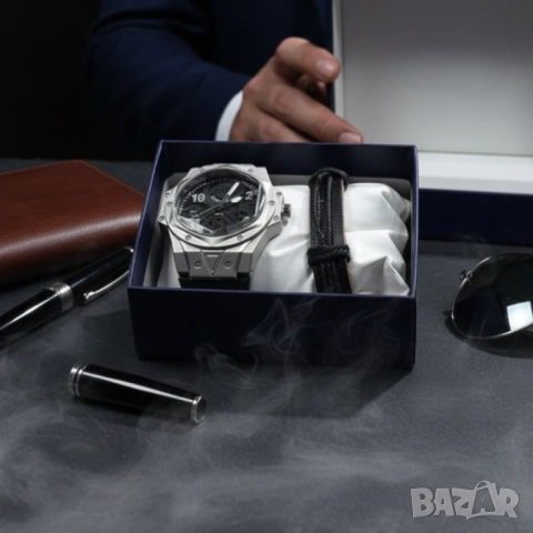 Мъжки подаръчен комплект – стилен часовник и черна гривна, снимка 3 - Други - 51947412